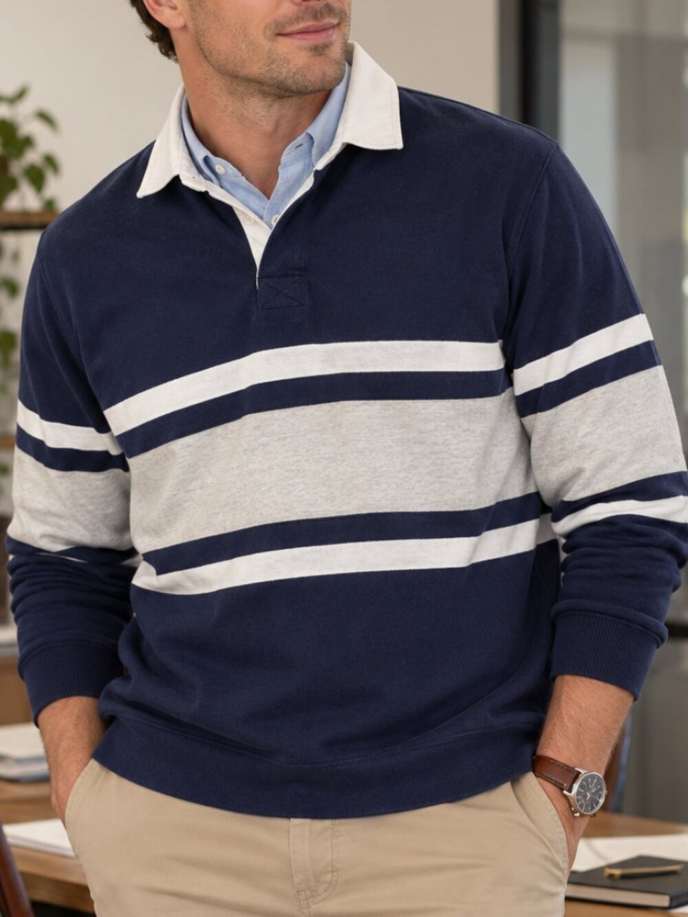 Barbarian Collegiate Stripe Rugby Long Sleeve Shirt Blue Gray Size XXL